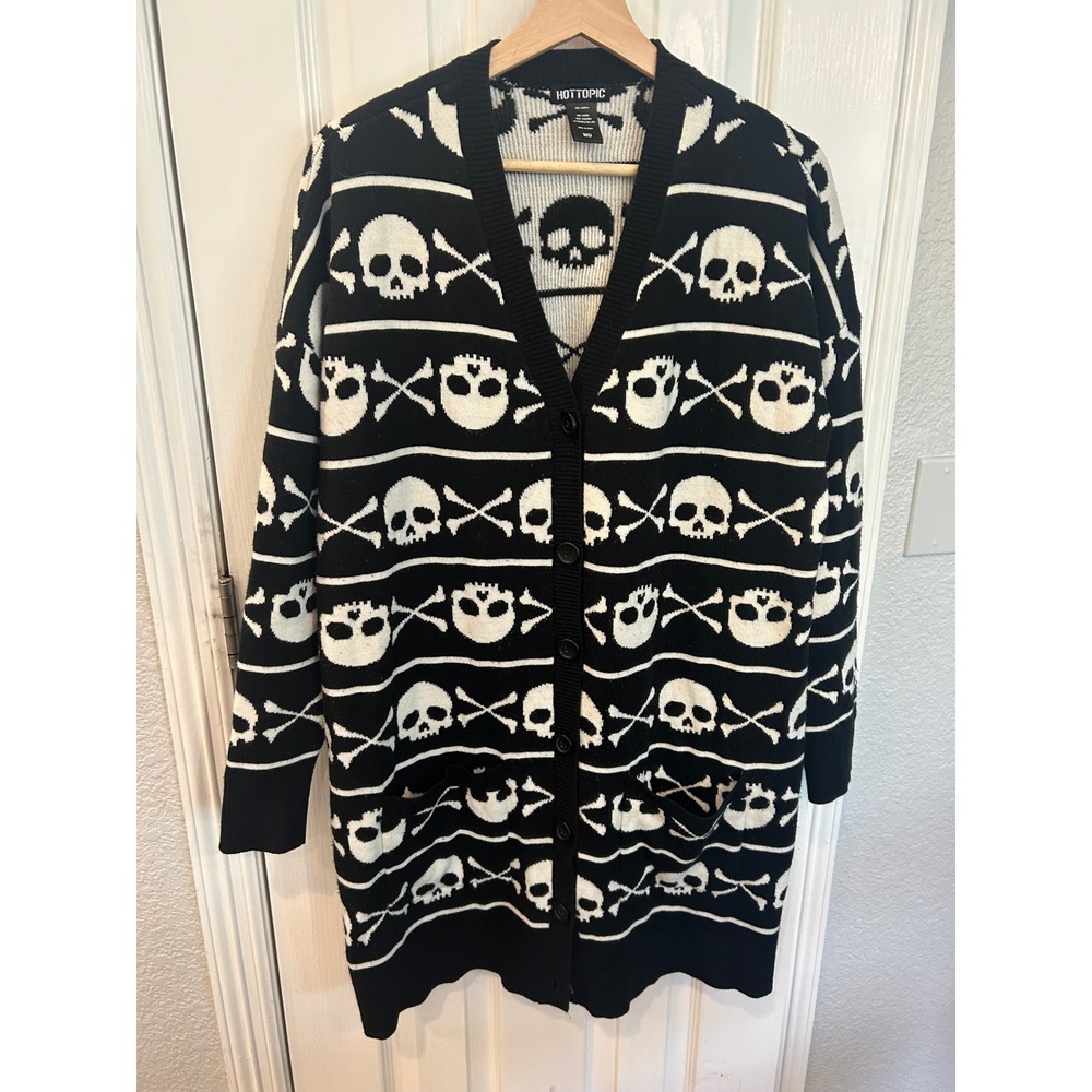 Hot Topic Cardigan Black White Skull Crossbones Longline Goth Punk Sweater MD